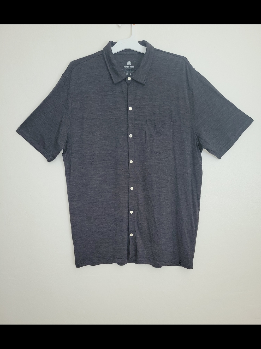 Woolly Merino Wool Short-Sleeve Button-Up Pocket Shirt Men's XL Dark Grey